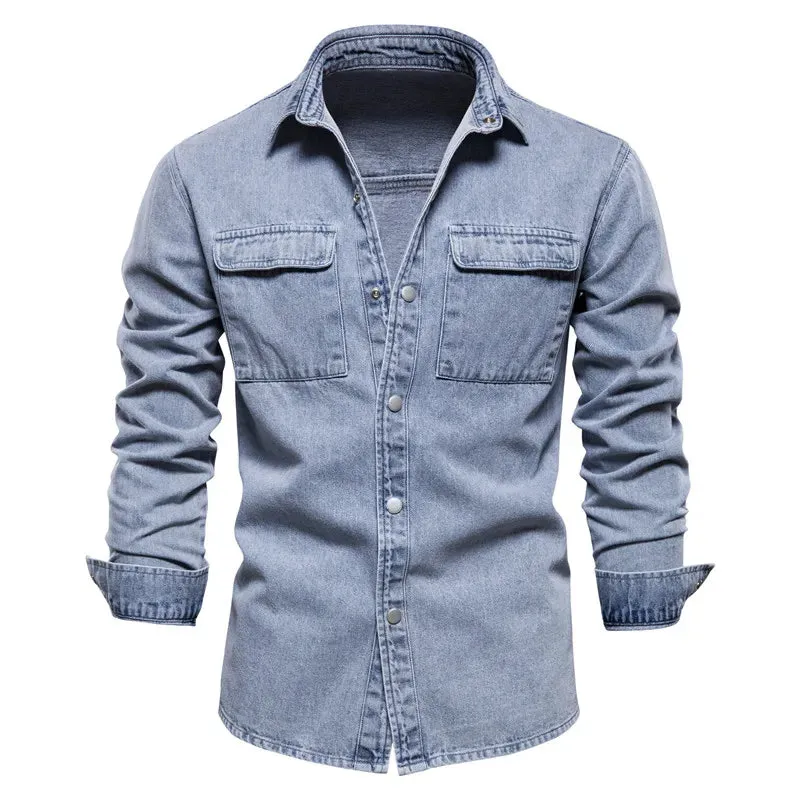 100% Cotton Men Denim Shirts Solid Color Double Pocket Casual Long Sleeve Shirts for Men Autumn Thick Cowboy Shirts Men