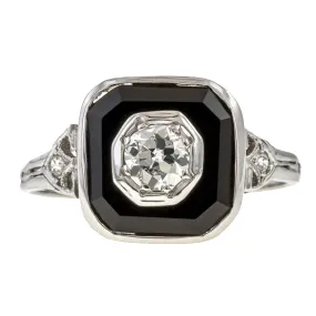 Art Deco Diamond & Onyx Ring, Old Euro 0.20ctw.