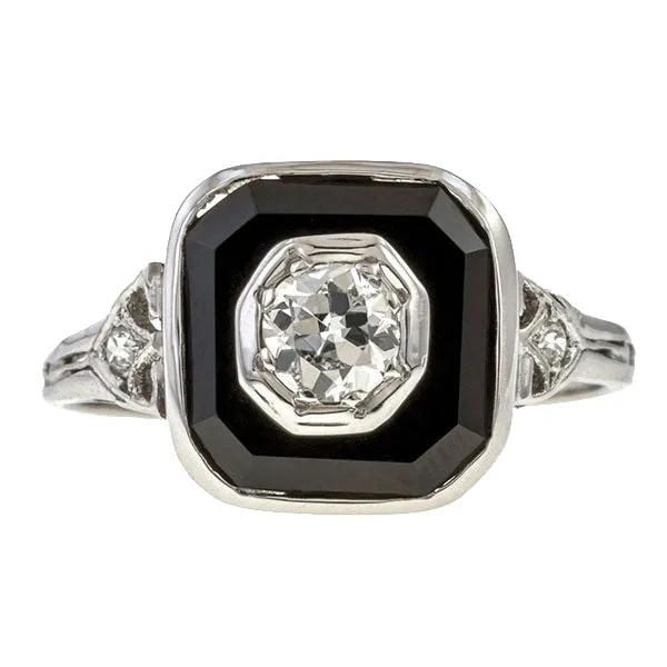 Art Deco Diamond & Onyx Ring, Old Euro 0.20ctw.