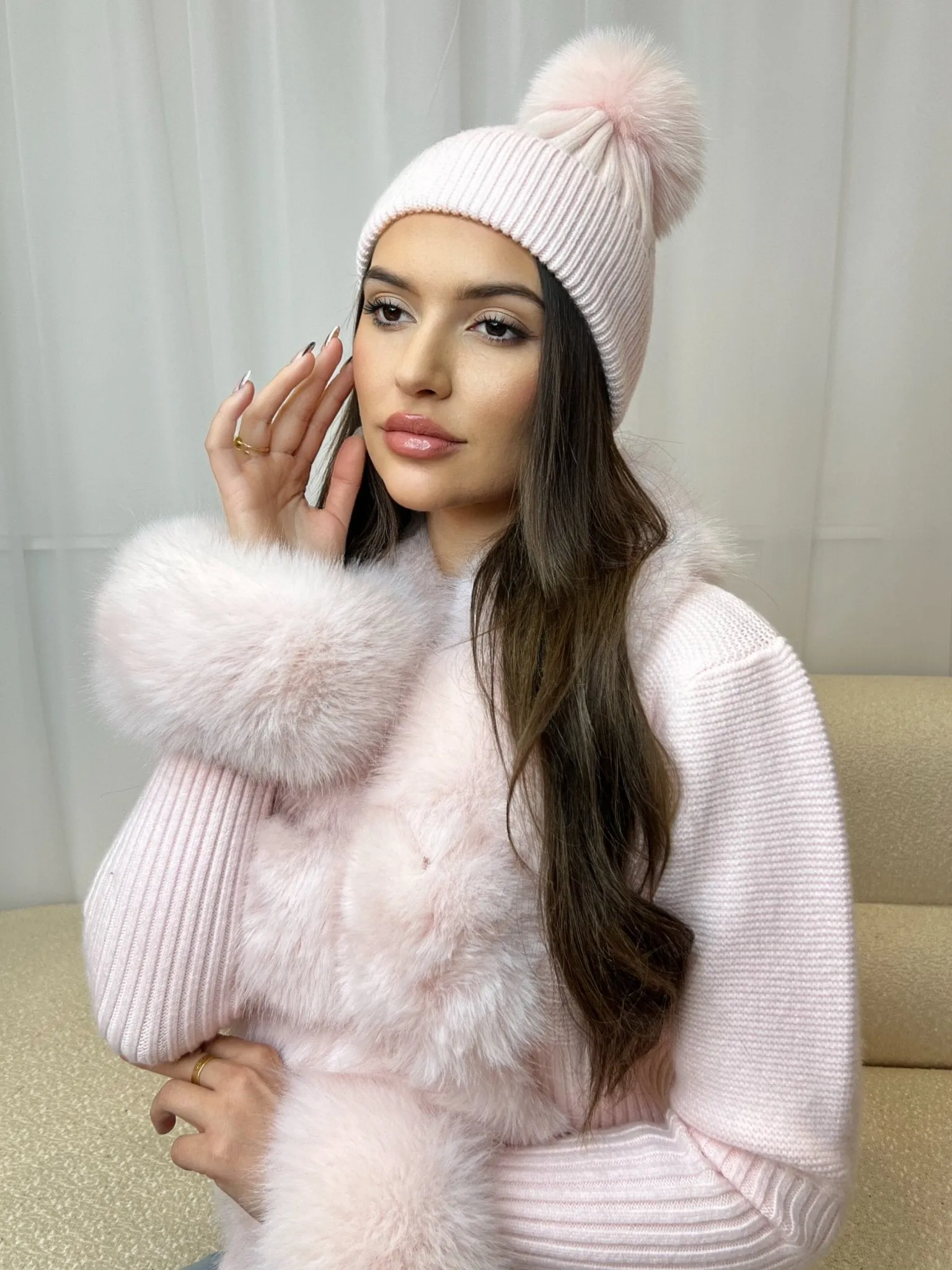 Baby Pink Luxury Fur Bobble Hat