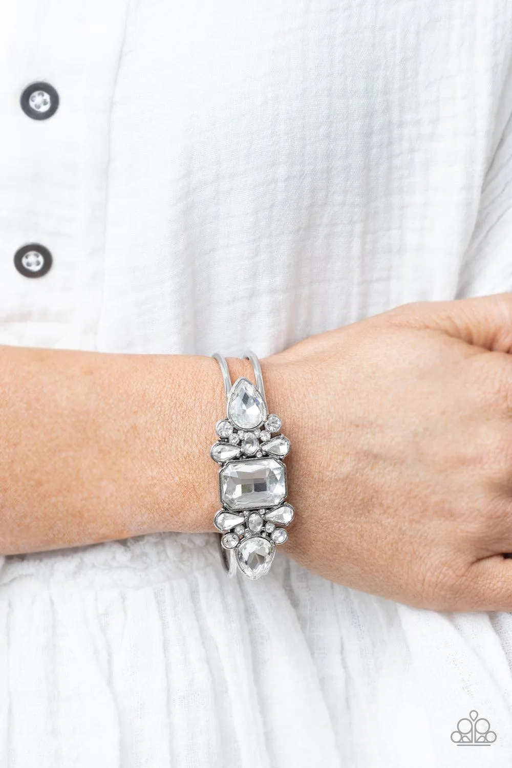 Call Me Old-Fashioned White Rhinestone Hinged Bracelet - Paparazzi Accessories