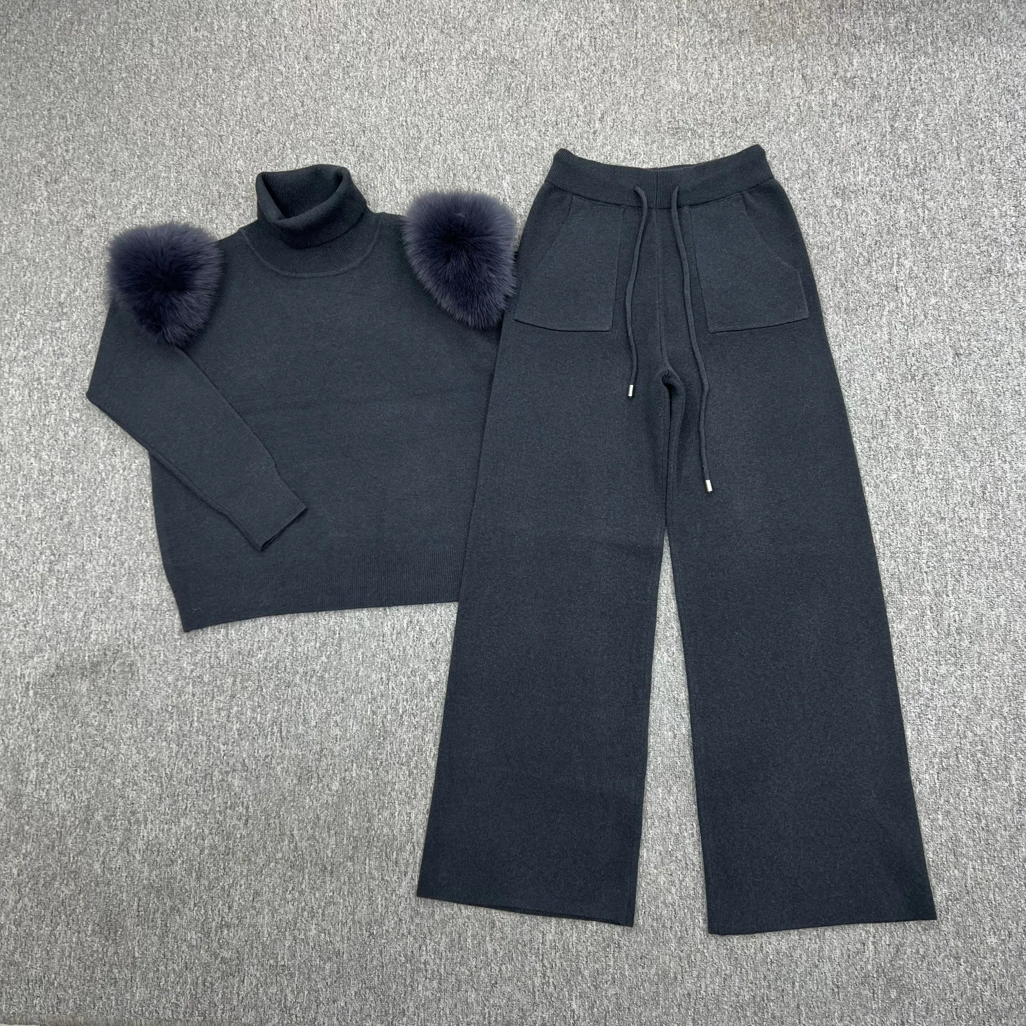 Charcoal Luxury Fur Roll Neck Wide Leg Tracksuit