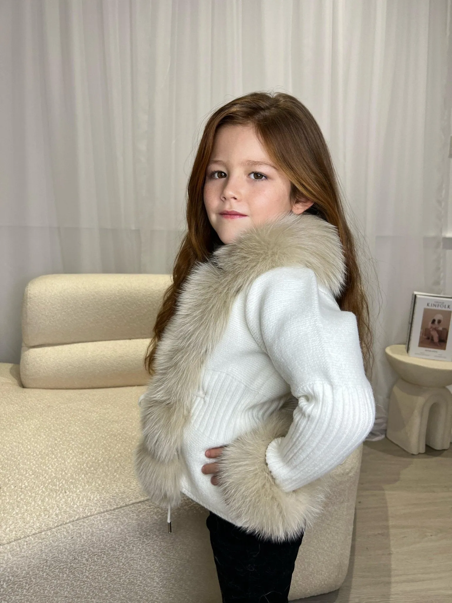 Childrens Cream/Beige Luxury Fur Cardigan