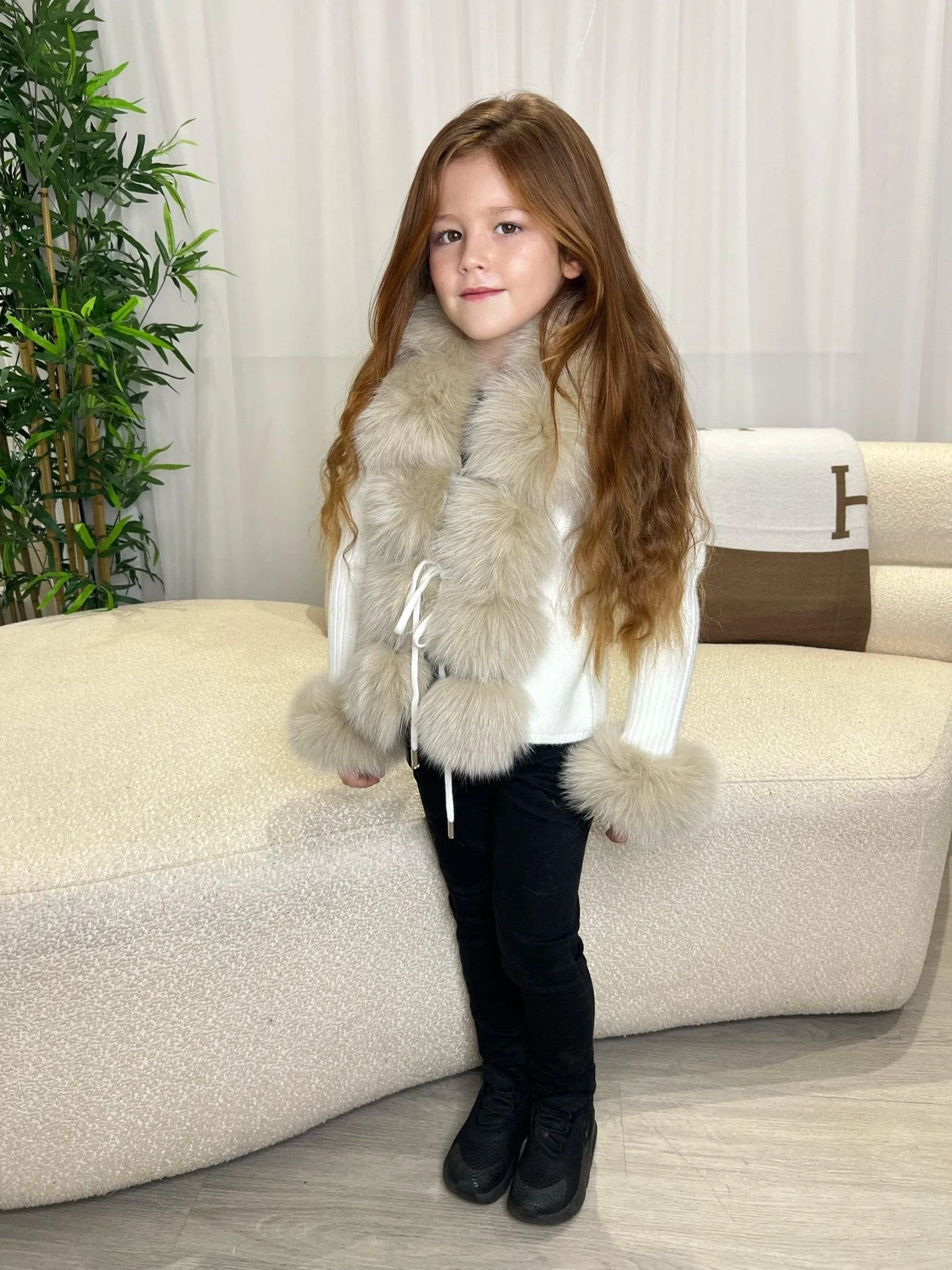 Childrens Cream/Beige Luxury Fur Cardigan