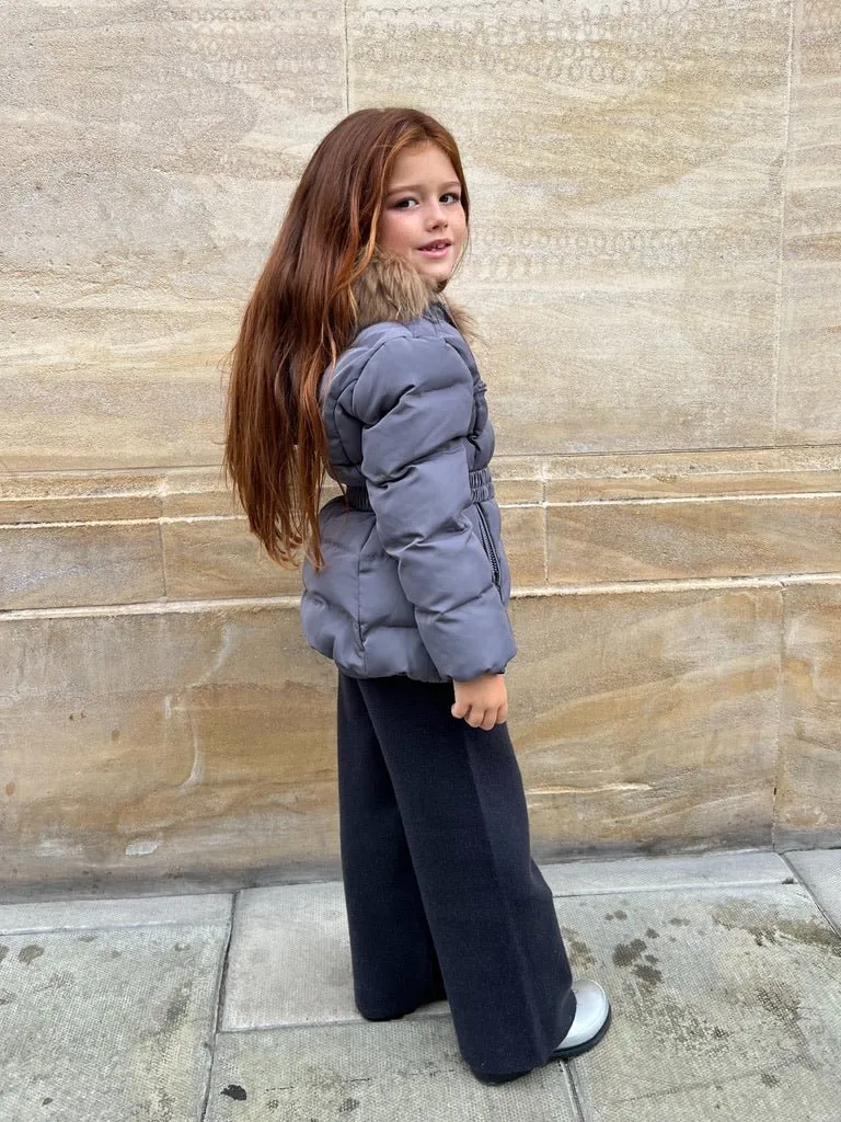 Luxurious Grey Fur-Padded Belted Coat for Children