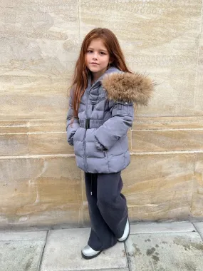 Luxurious Grey Fur-Padded Belted Coat for Children