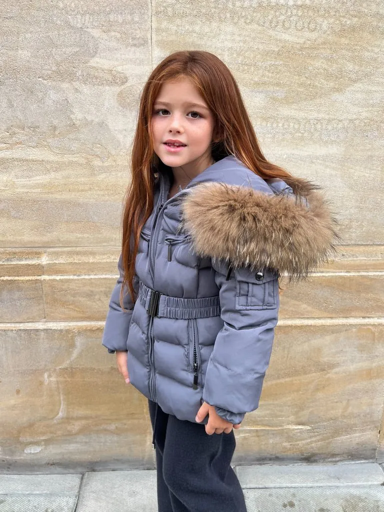 Luxurious Grey Fur-Padded Belted Coat for Children