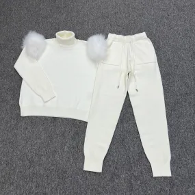 Cream Luxury Fur Roll Neck Jogger Tracksuit