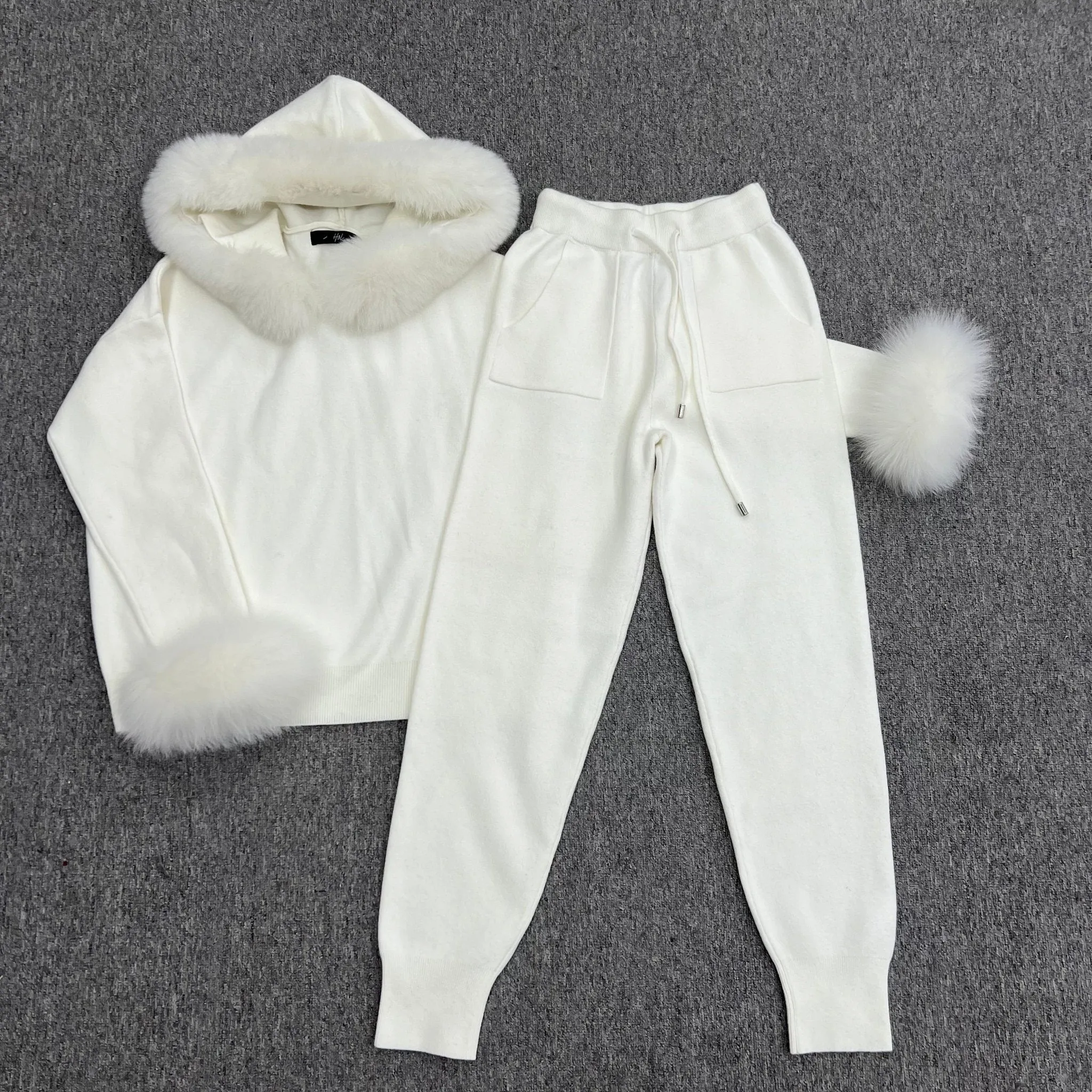 Cream Luxury Fur Trim Hood & Cuff Jogger Tracksuit