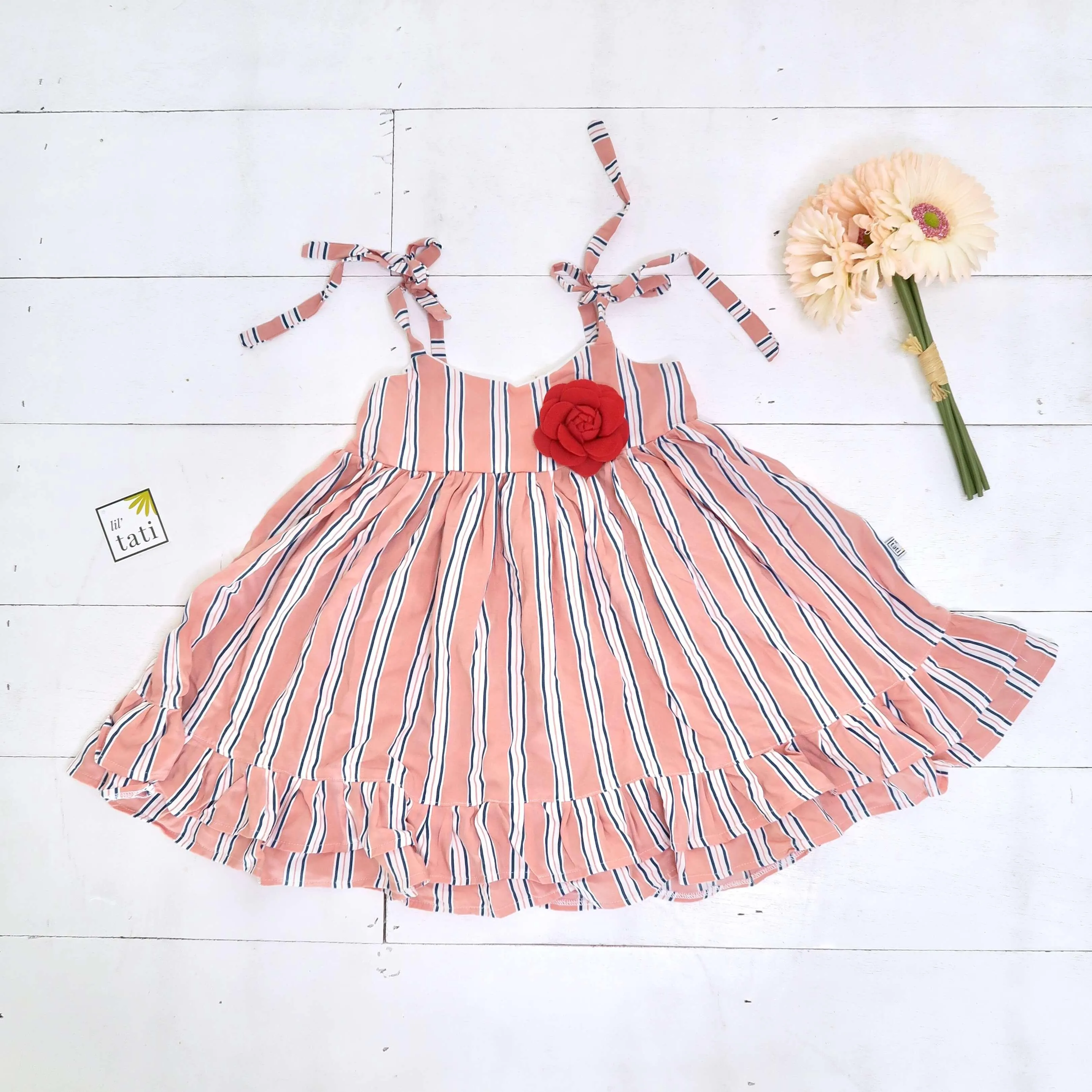 Dahlia Dress - Tie-Strap in Old Rose Stripes