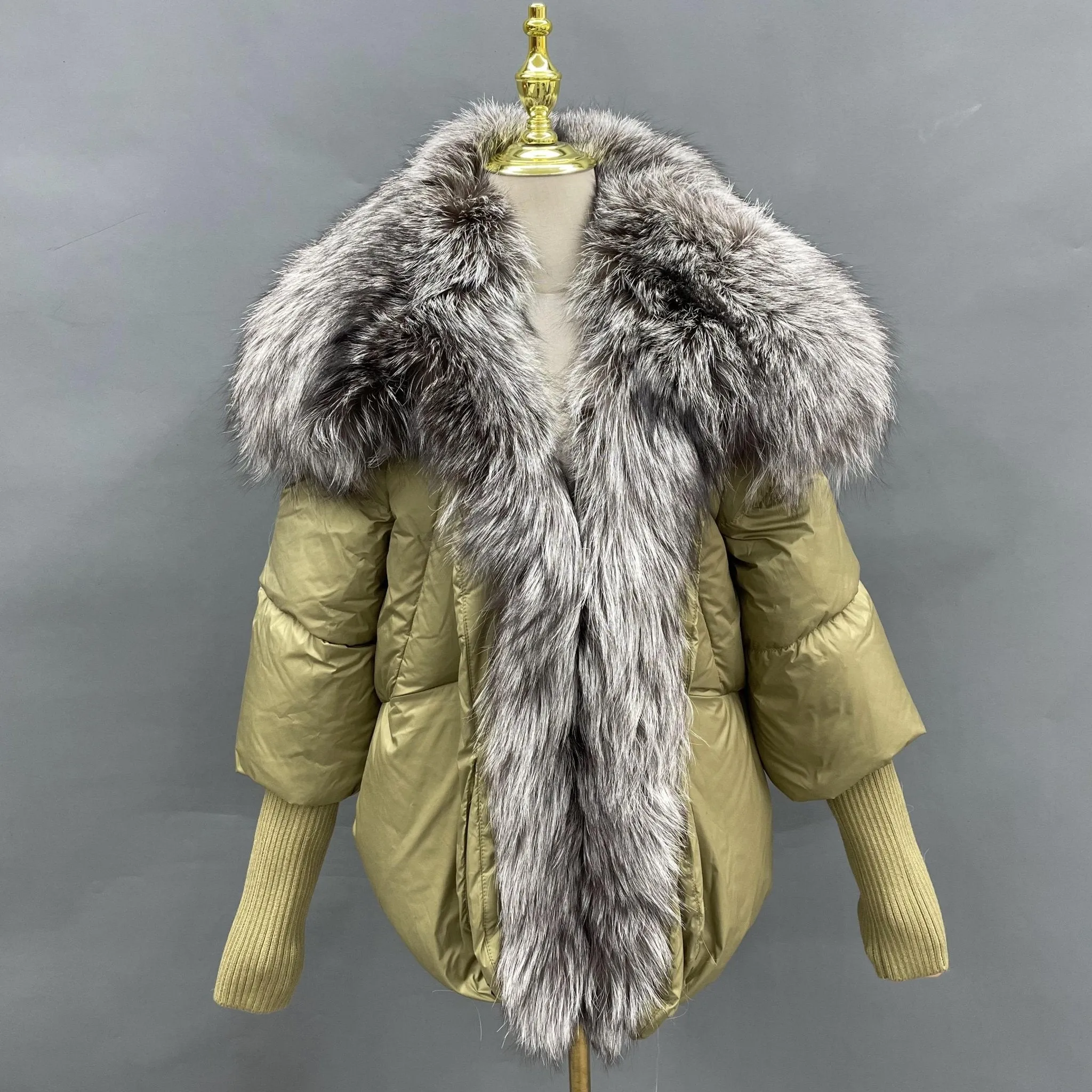 Khaki Luxury Fur Trim Jacket