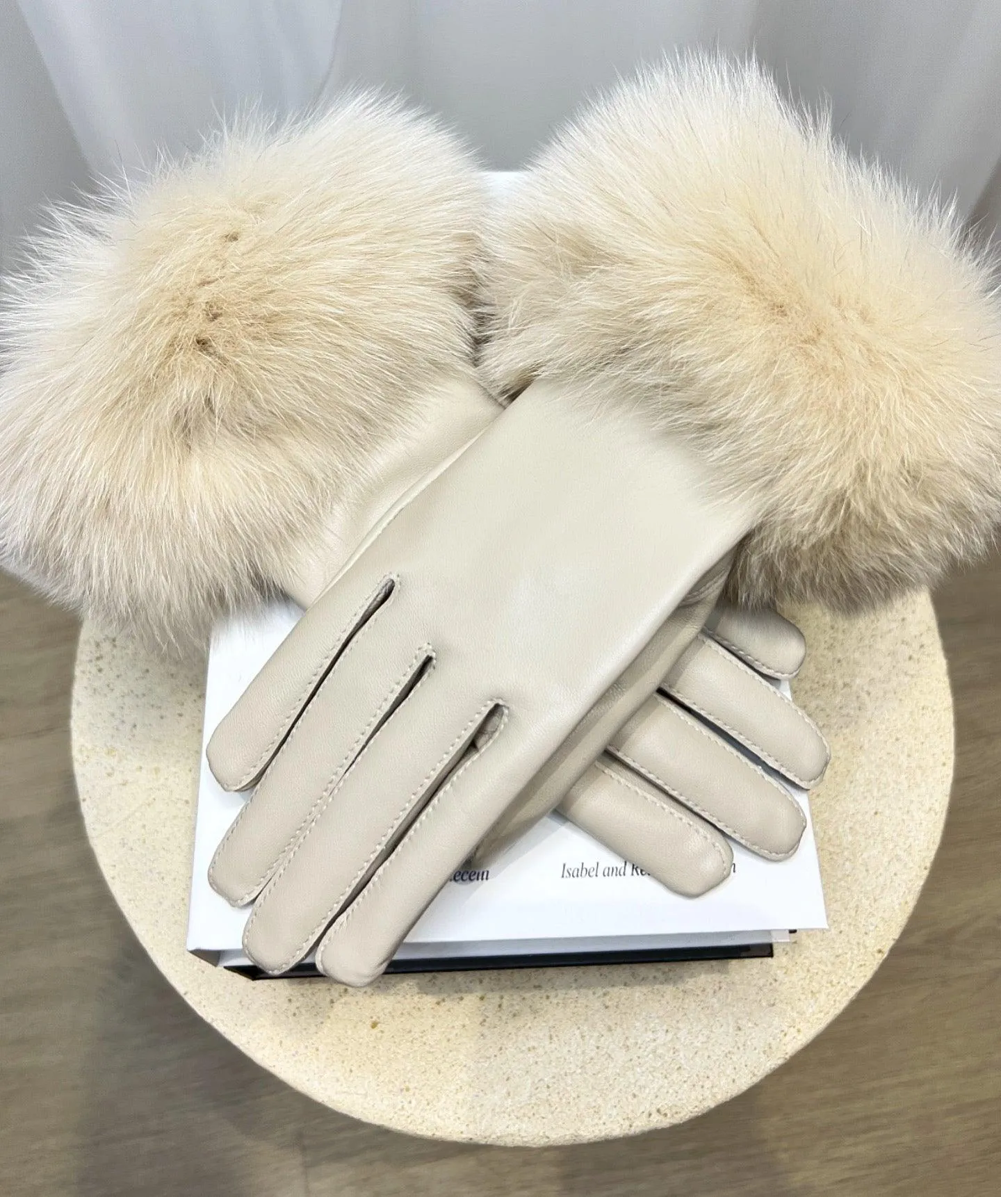 Light Beige Luxury Fur Leather Gloves