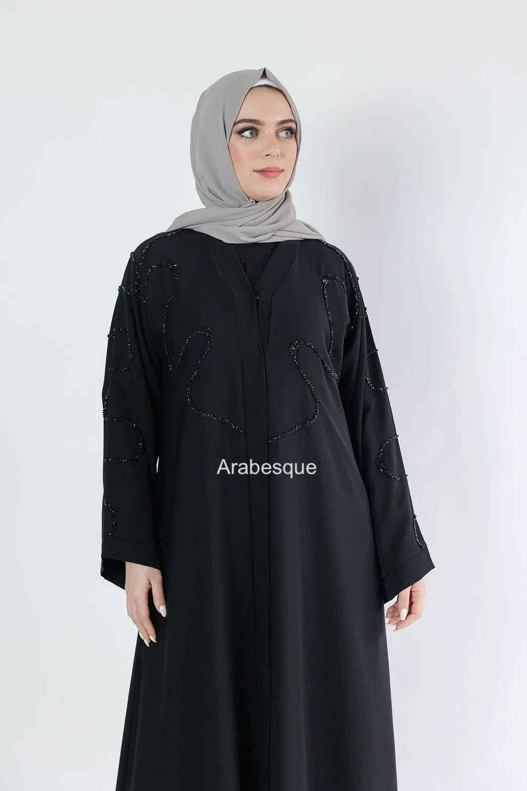 Luxury Black Beaded Front Detail Open Abaya