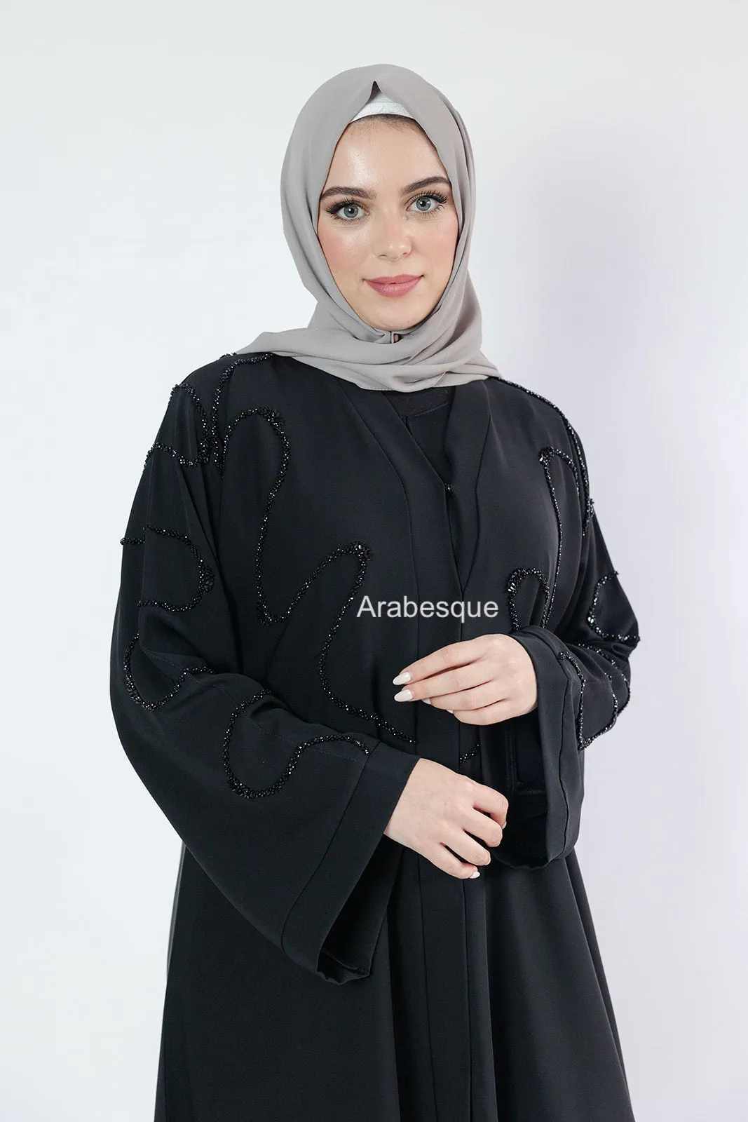 Luxury Black Beaded Front Detail Open Abaya