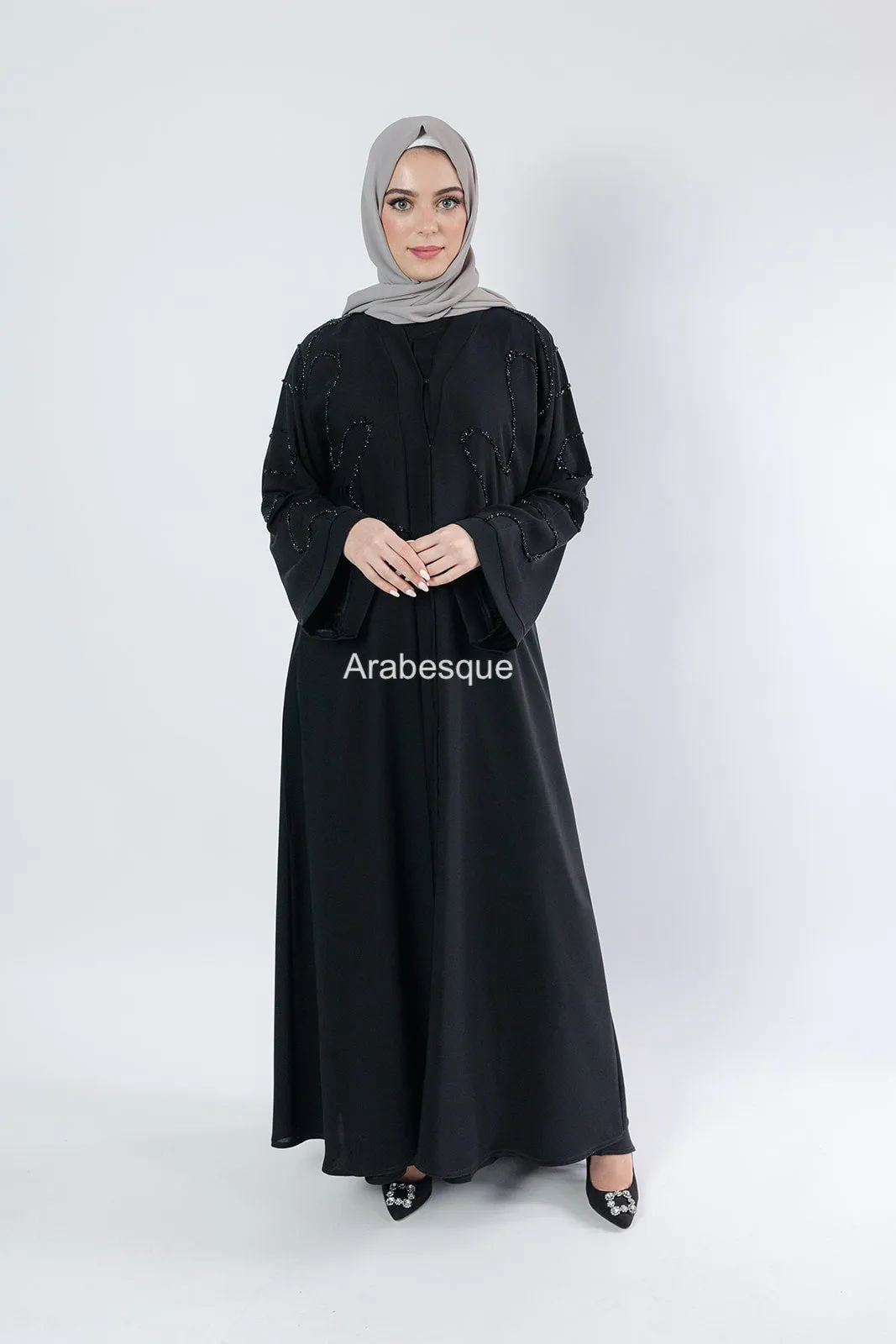 Luxury Black Beaded Front Detail Open Abaya