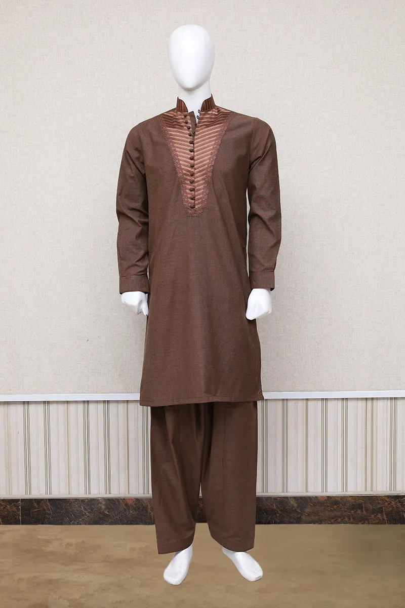 Men Premium Embroidered Shalwar Kameez Brown