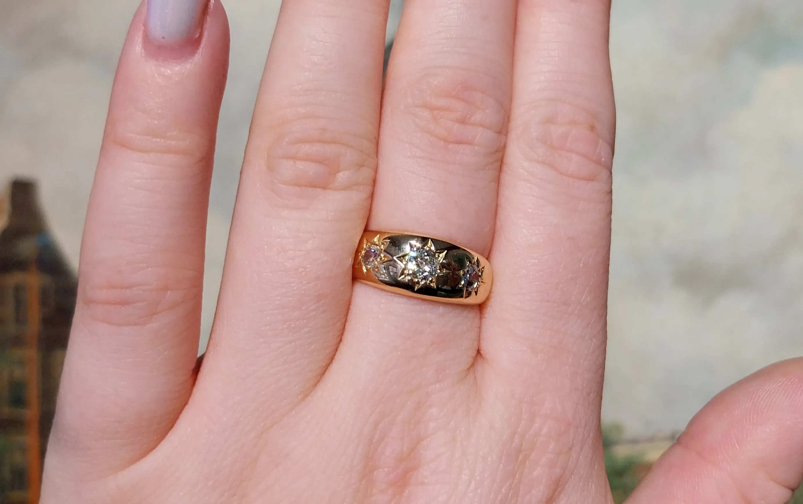 Old cut diamond gypsy ring from 1884