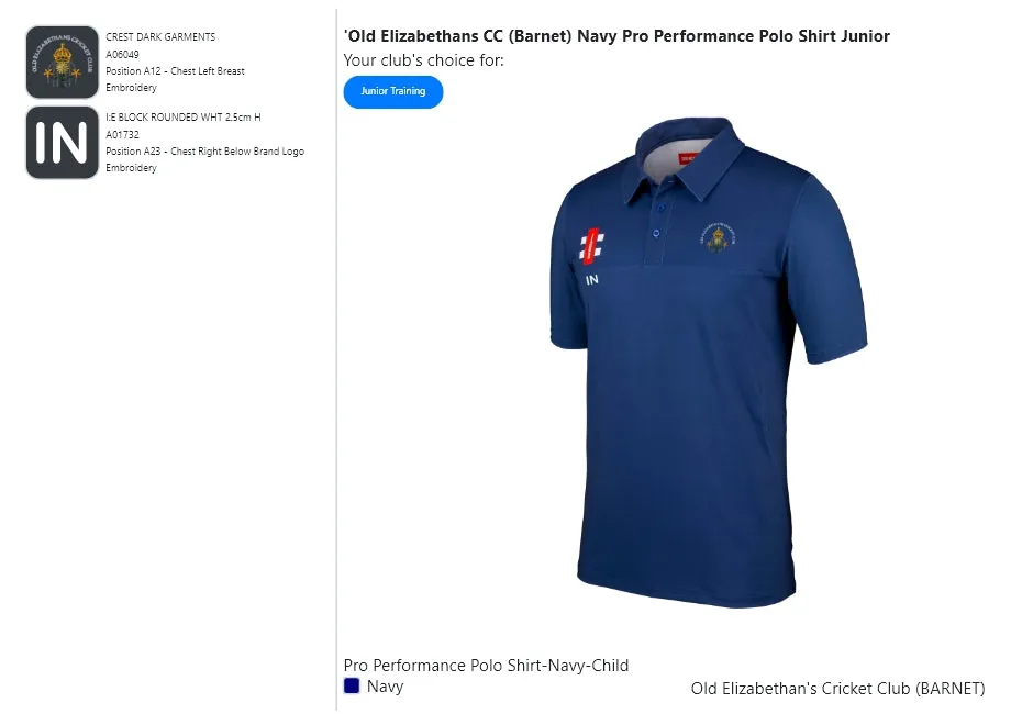 'Old Elizabethans CC (Barnet) Navy Pro Performance Polo Shirt Junior