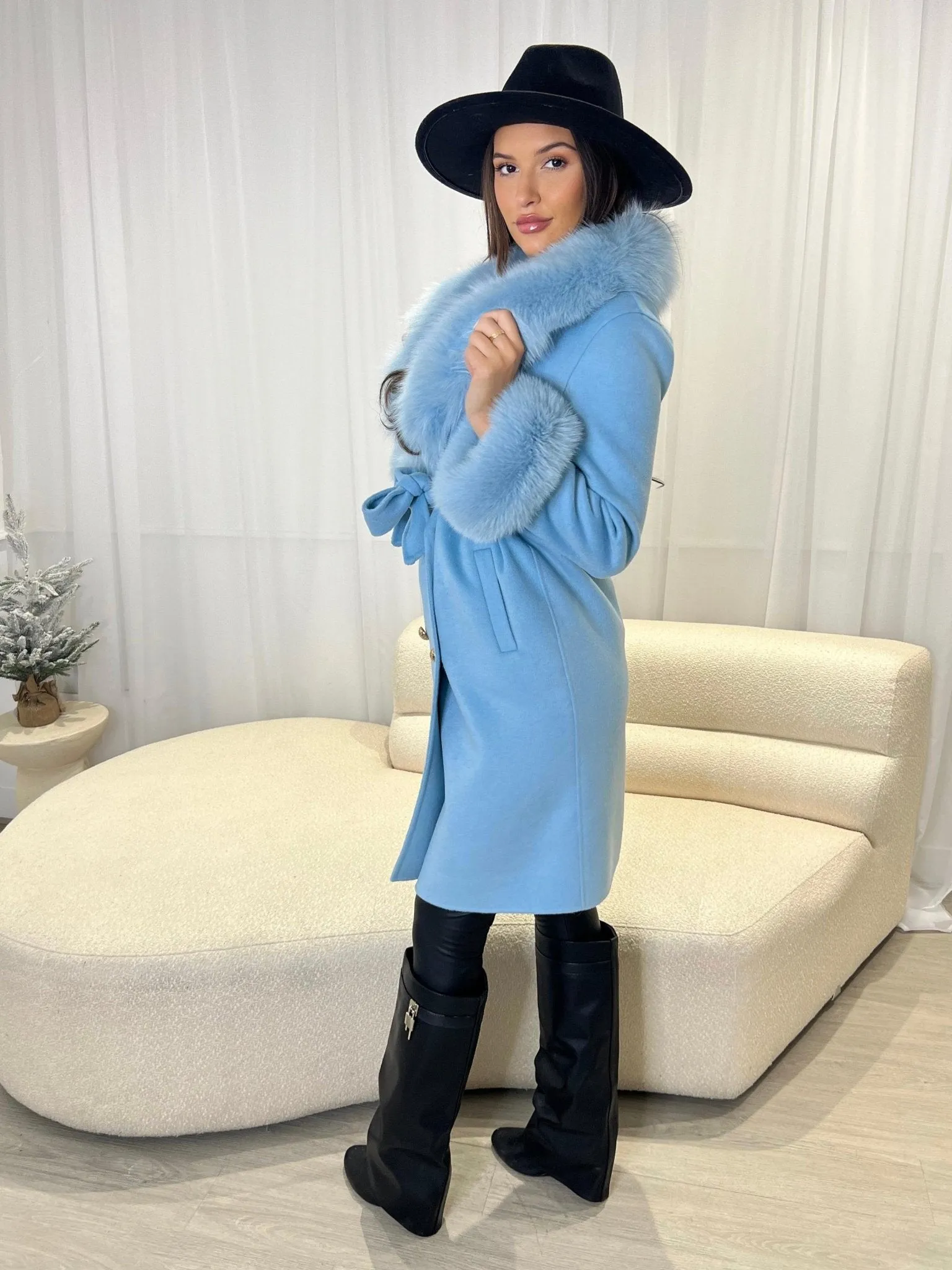 Elegant Pastel Blue Luxury Cashmere Coat with Faux Fur Detailing