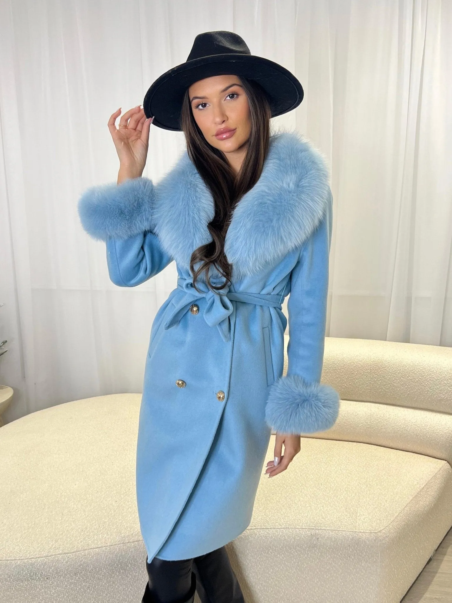 Elegant Pastel Blue Luxury Cashmere Coat with Faux Fur Detailing