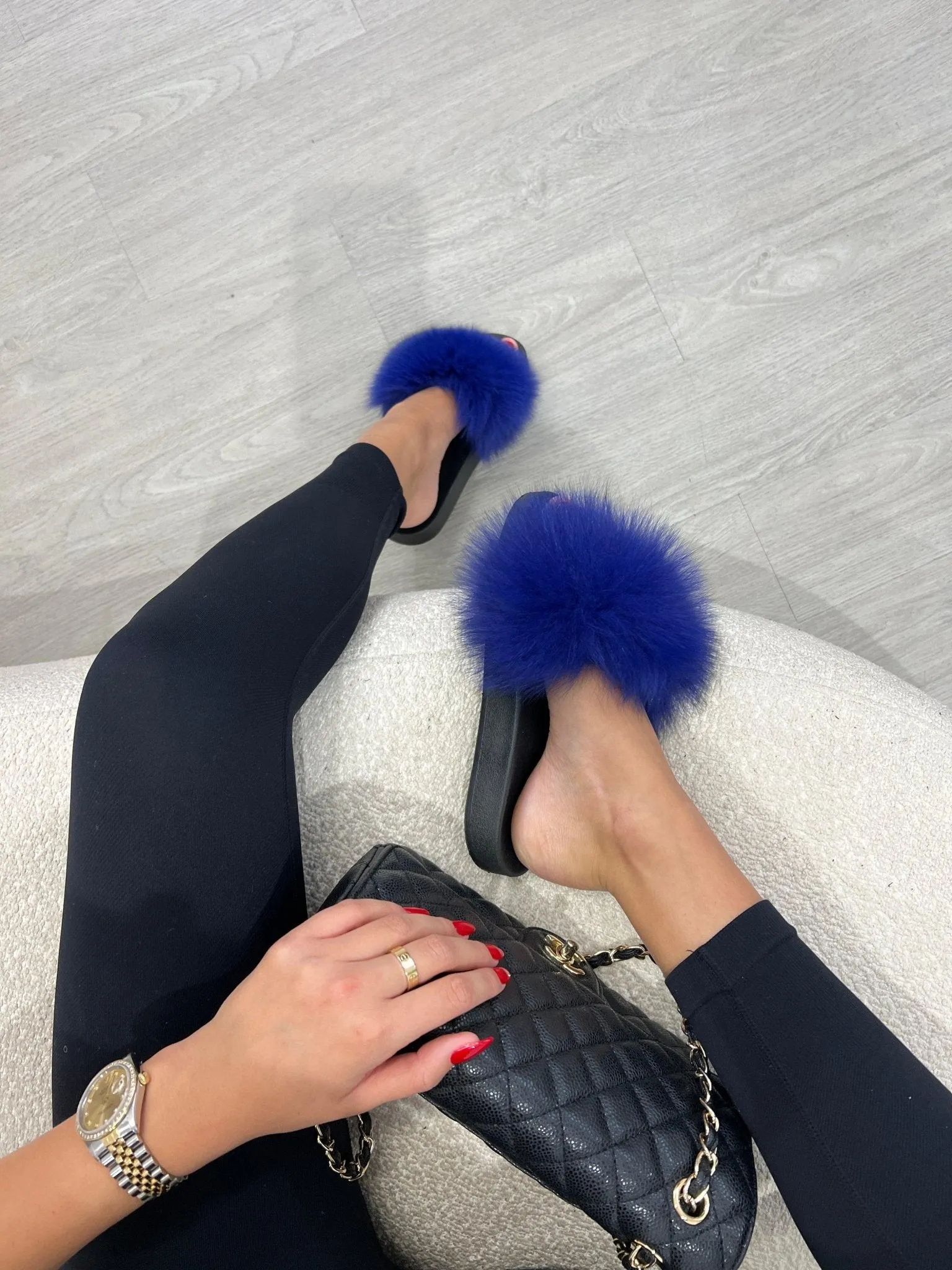 Royal Blue Luxury Fur Sliders