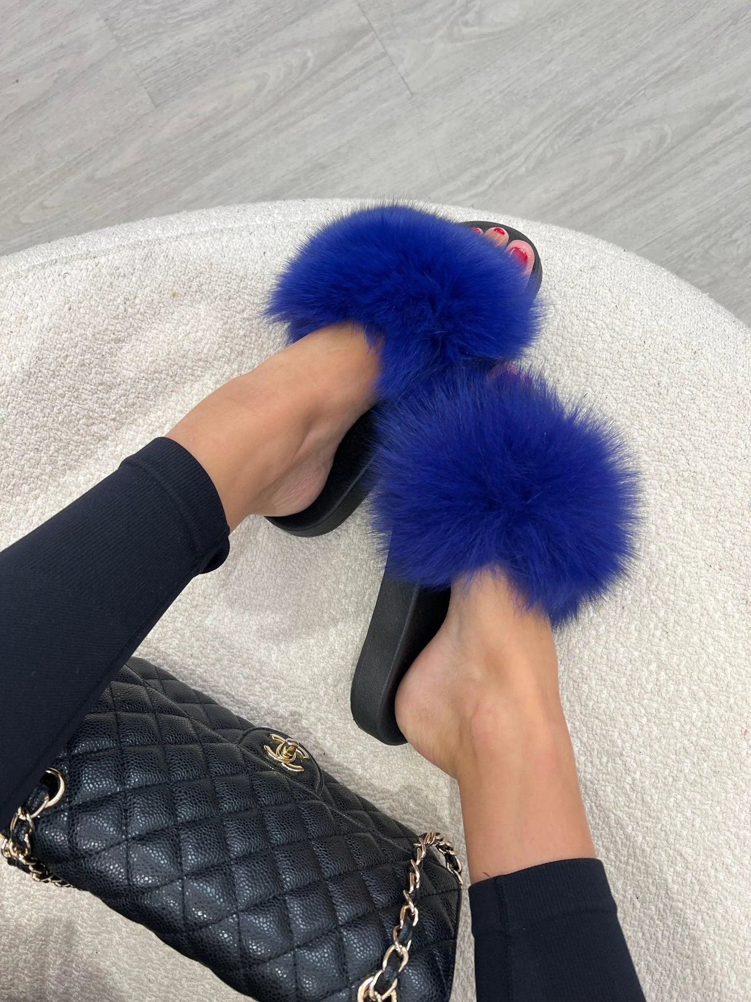 Royal Blue Luxury Fur Sliders