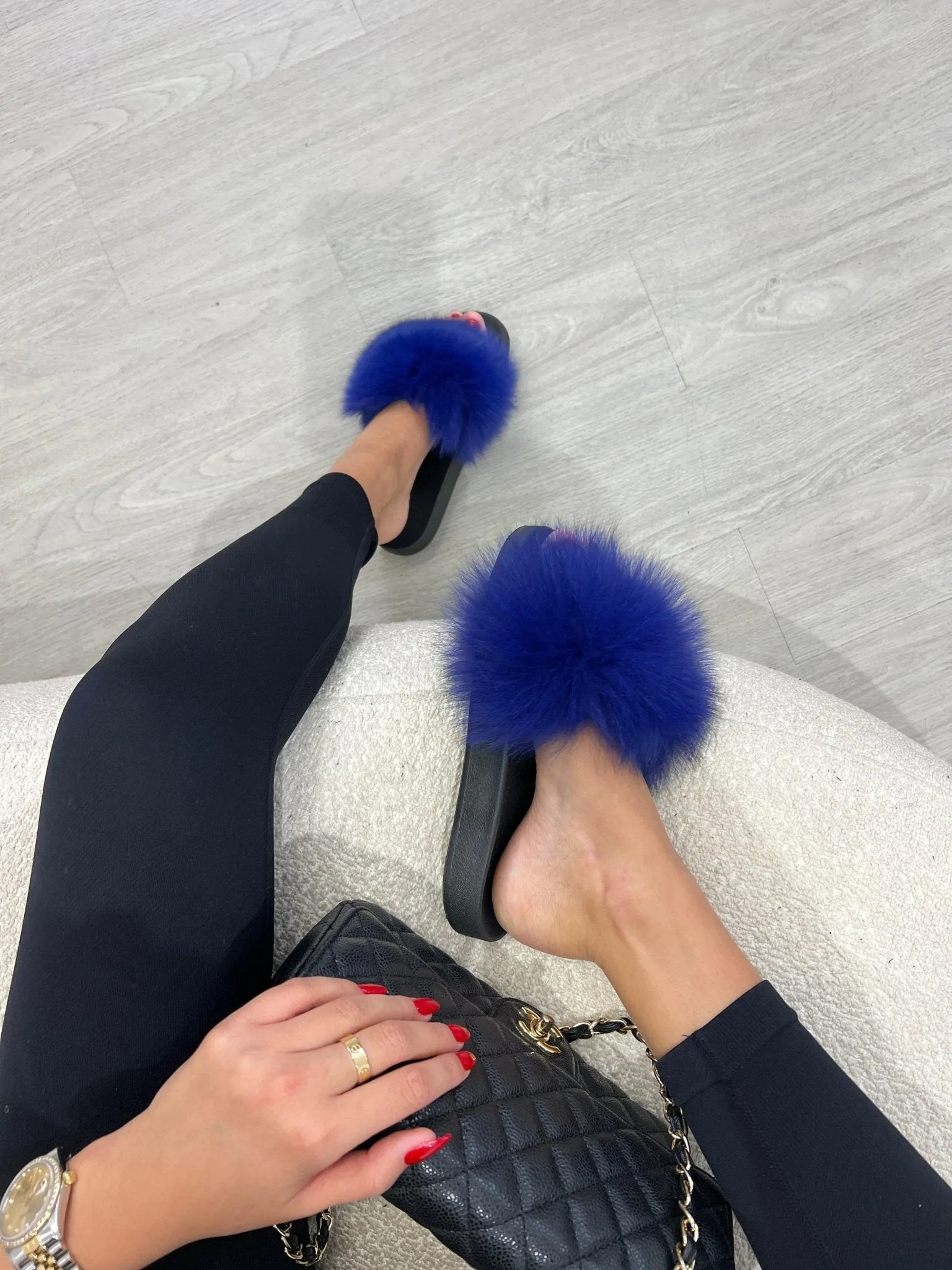 Royal Blue Luxury Fur Sliders